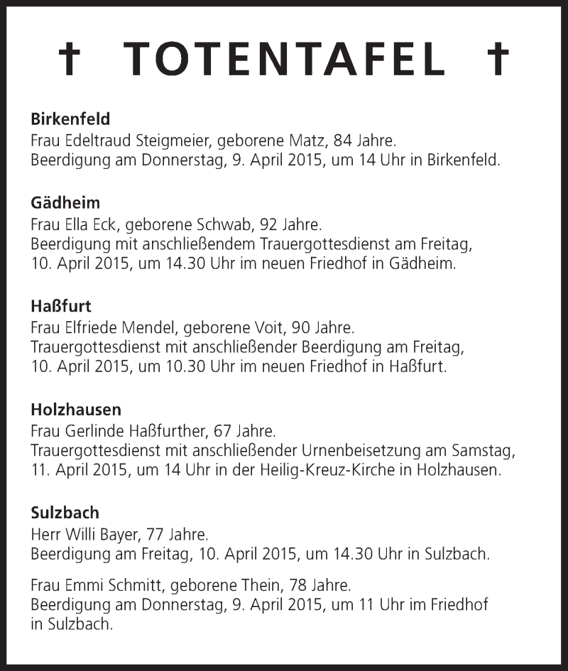  Traueranzeige für Totentafel, vom 09.04.2015 vom 09.04.2015 aus MGO