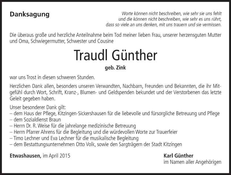  Traueranzeige für Traudl Günther vom 18.04.2015 aus MGO