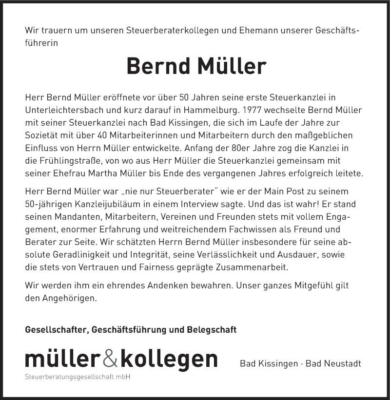  Traueranzeige für Bernd Müller vom 10.02.2015 aus MGO
