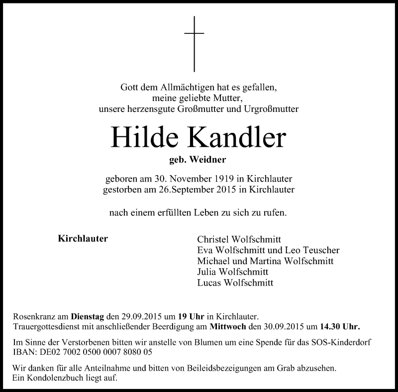  Traueranzeige für Hilde Kandler vom 28.09.2015 aus MGO