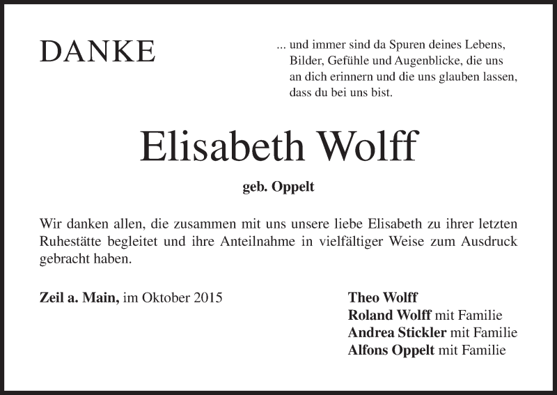  Traueranzeige für Elisabeth Wolff vom 17.10.2015 aus MGO