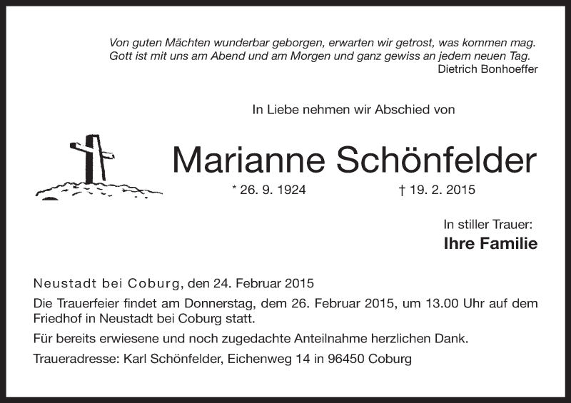  Traueranzeige für Marianne Schönfelder vom 24.02.2015 aus MGO
