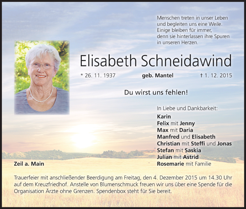  Traueranzeige für Elisabeth Schneidawind vom 03.12.2015 aus MGO