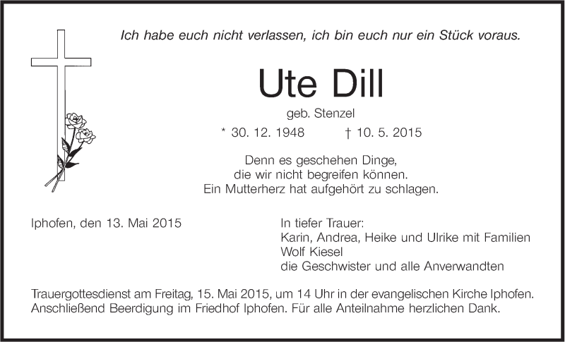  Traueranzeige für Ute Dill vom 15.05.2015 aus MGO