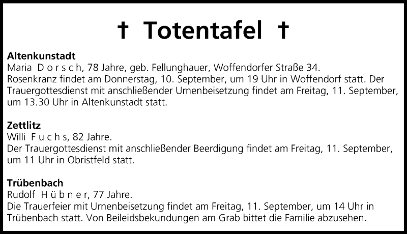  Traueranzeige für Totentafel vom 10.09.2015 vom 10.09.2015 aus MGO