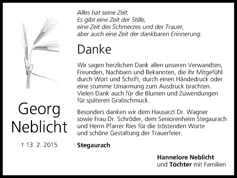  Traueranzeige für Georg Neblicht vom 14.03.2015 aus MGO
