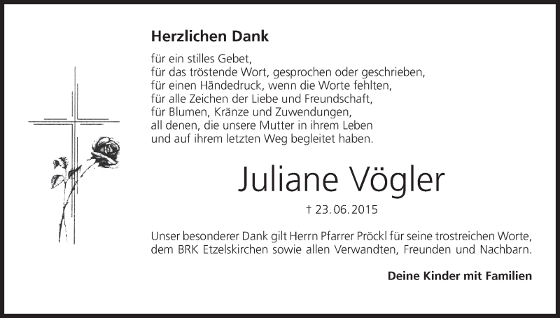  Traueranzeige für Juliane Vögler vom 04.07.2015 aus MGO