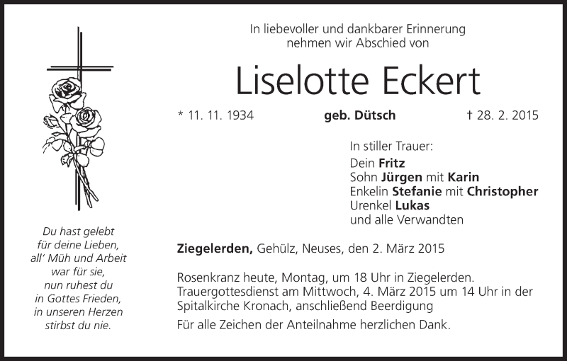  Traueranzeige für Liselotte Eckert vom 02.03.2015 aus MGO