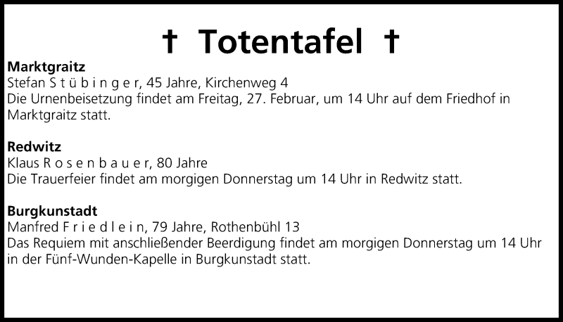  Traueranzeige für Totentafel vom 25.02.2015 vom 25.02.2015 aus MGO