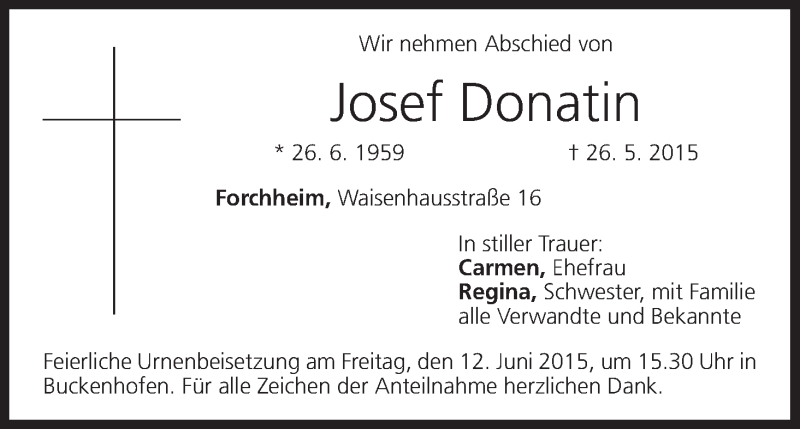  Traueranzeige für Josef Donatin vom 06.06.2015 aus MGO