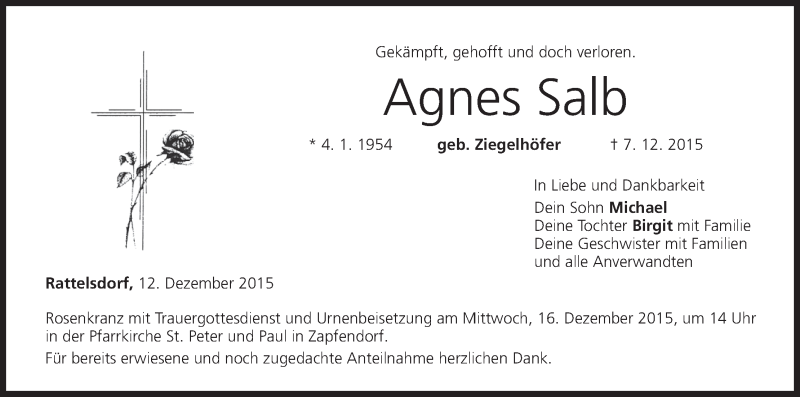  Traueranzeige für Agnes Salb vom 12.12.2015 aus MGO