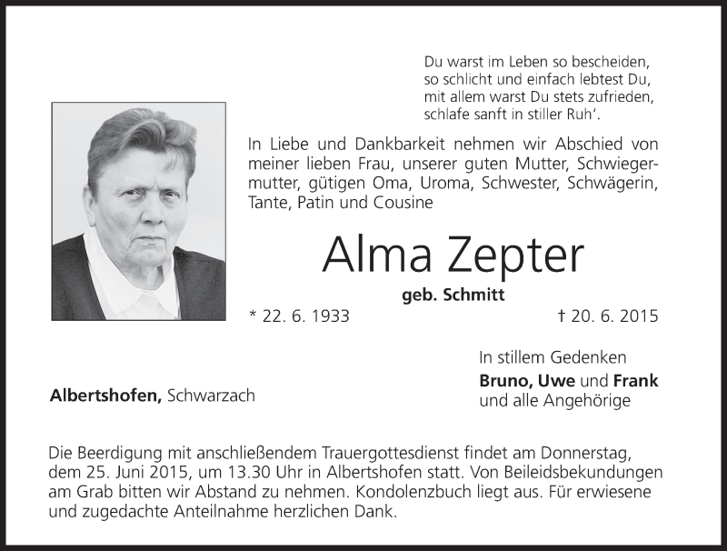  Traueranzeige für Alma Zepter vom 25.06.2015 aus MGO