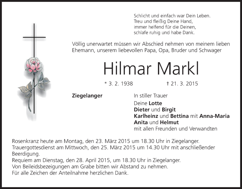  Traueranzeige für Hilmar Markl vom 23.03.2015 aus MGO