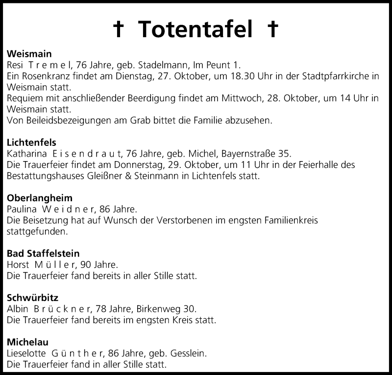  Traueranzeige für Totentafel vom 27.10.2015 vom 27.10.2015 aus MGO