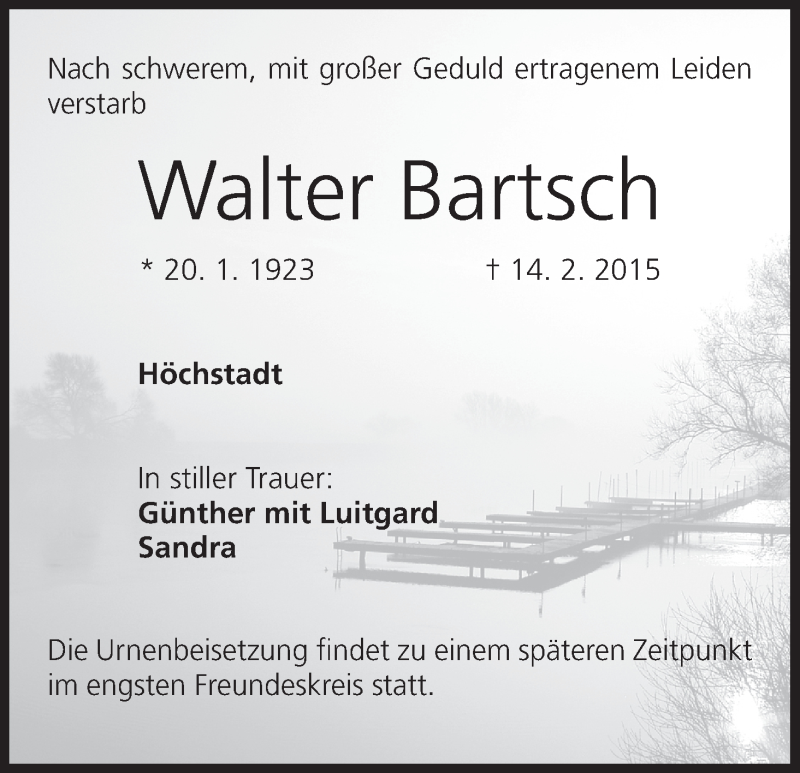 Traueranzeige für Walter Bartsch vom 18.02.2015 aus MGO