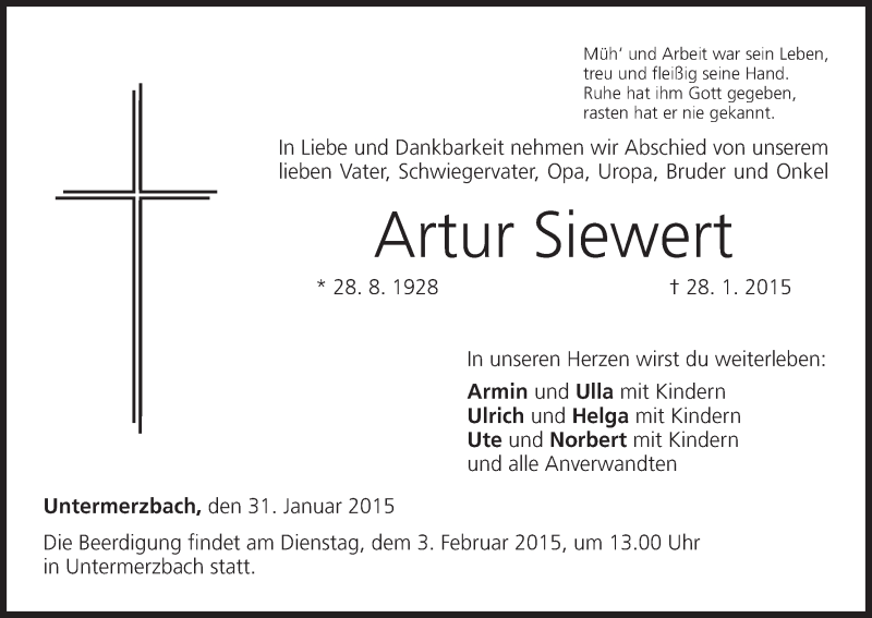  Traueranzeige für Artur Siewert vom 31.01.2015 aus MGO