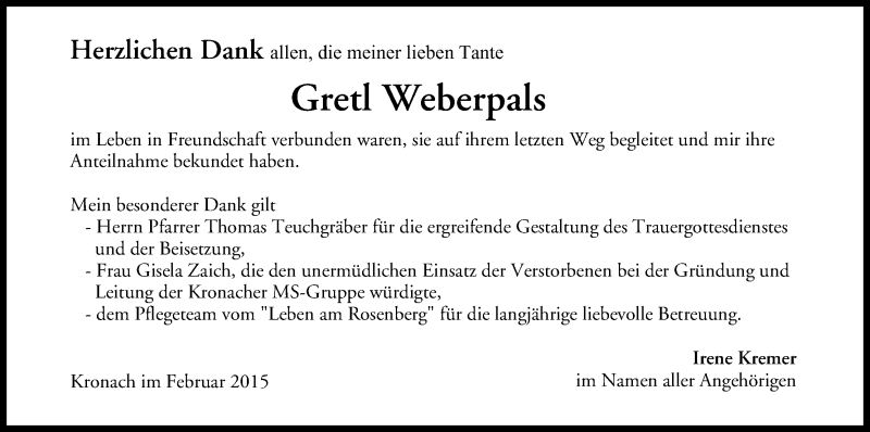 Traueranzeige für Gretl Weberpals vom 12.02.2015 aus MGO