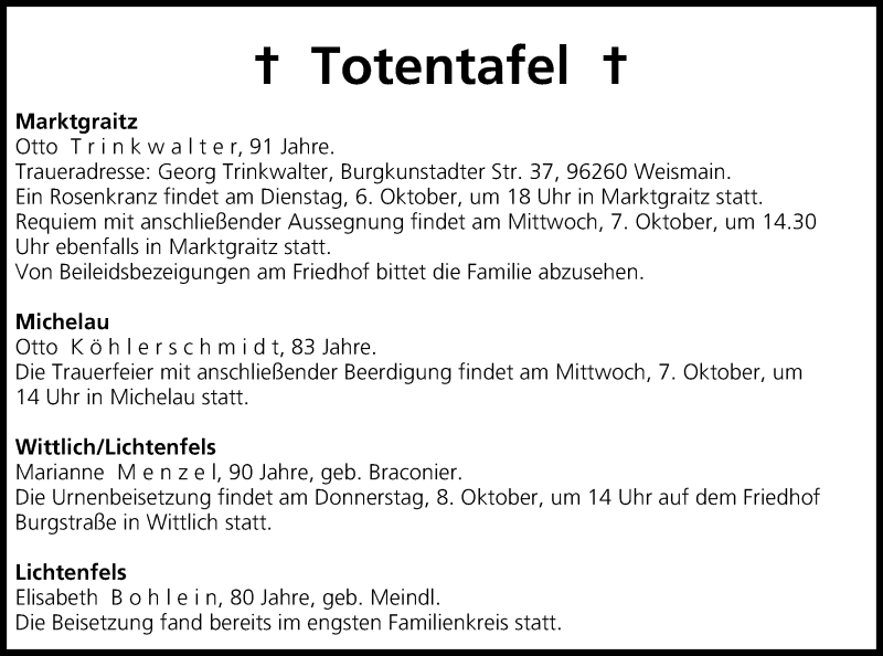 Traueranzeige für Totentafel vom 06.10.2015 vom 06.10.2015 aus MGO