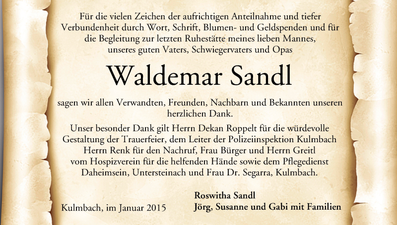  Traueranzeige für Waldemar Sandl vom 16.01.2015 aus MGO