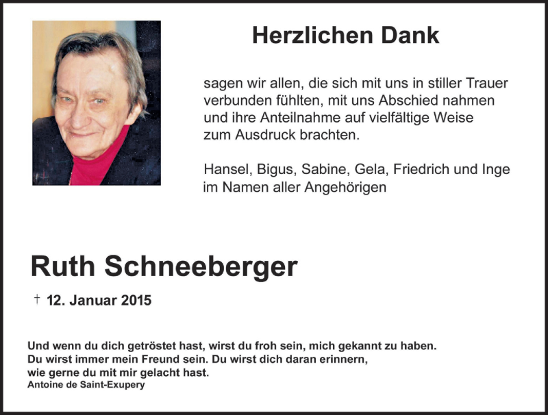  Traueranzeige für Ruth Schneeberger vom 28.01.2015 aus MGO