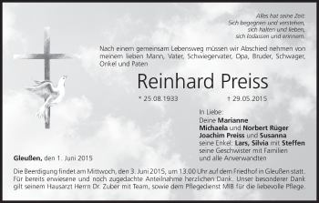 Anzeige von Reinhard Preiss von MGO