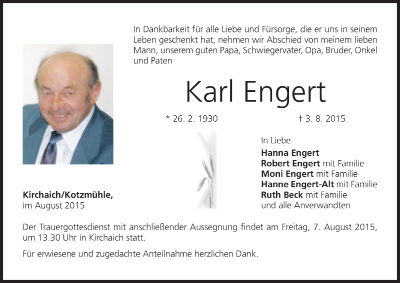  Traueranzeige für Karl Engert vom 05.08.2015 aus MGO