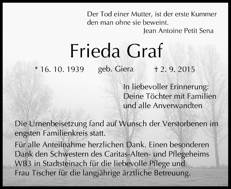  Traueranzeige für Frieda Graf vom 12.09.2015 aus MGO