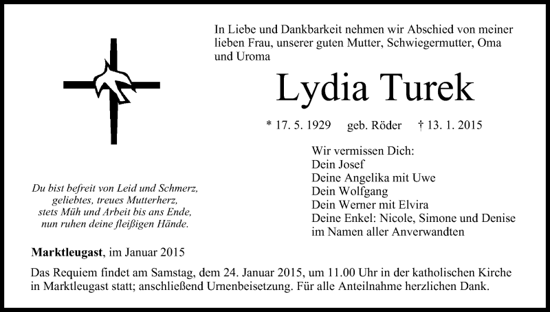  Traueranzeige für Lydia Turek vom 22.01.2015 aus MGO