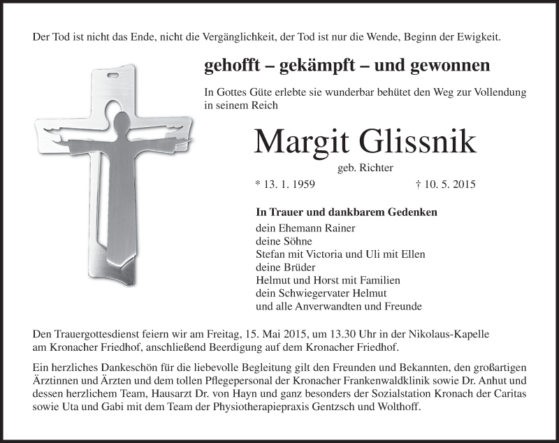  Traueranzeige für Margit Glissnik vom 13.05.2015 aus MGO