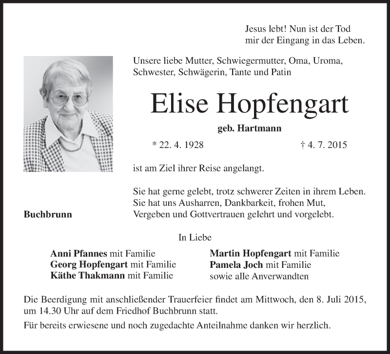  Traueranzeige für Elise Hopfengart vom 07.07.2015 aus MGO