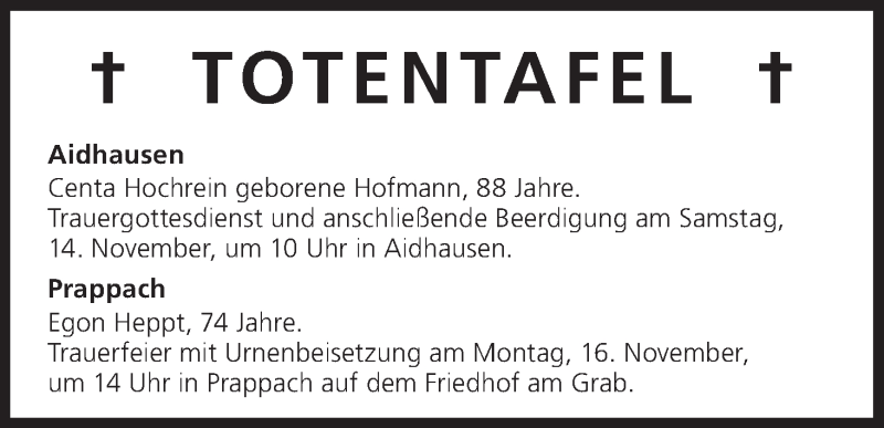  Traueranzeige für Totentafel vom 13.11.2015 vom 13.11.2015 aus MGO