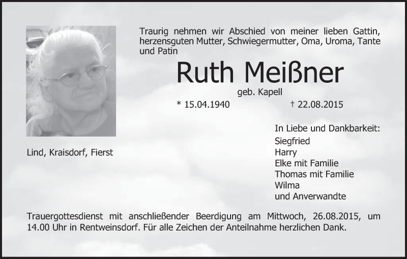  Traueranzeige für Ruth Meißner vom 25.08.2015 aus MGO