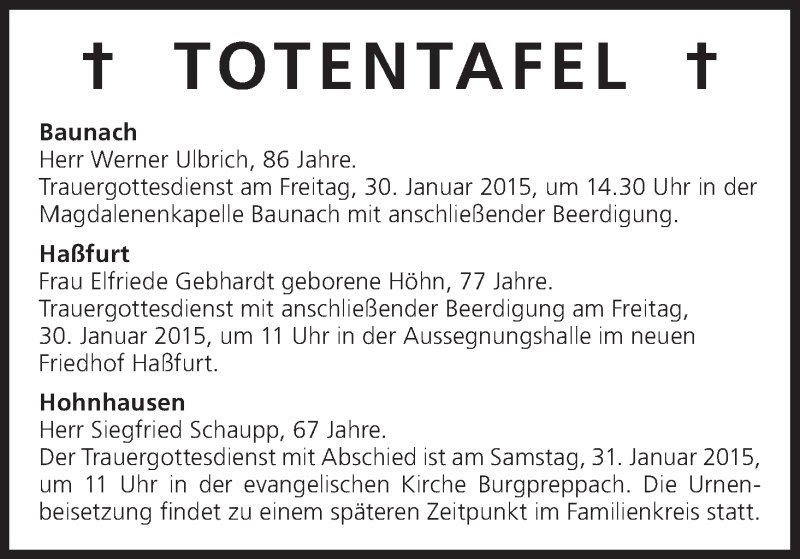  Traueranzeige für Totentafel vom 30.01.2015 vom 30.01.2015 aus MGO