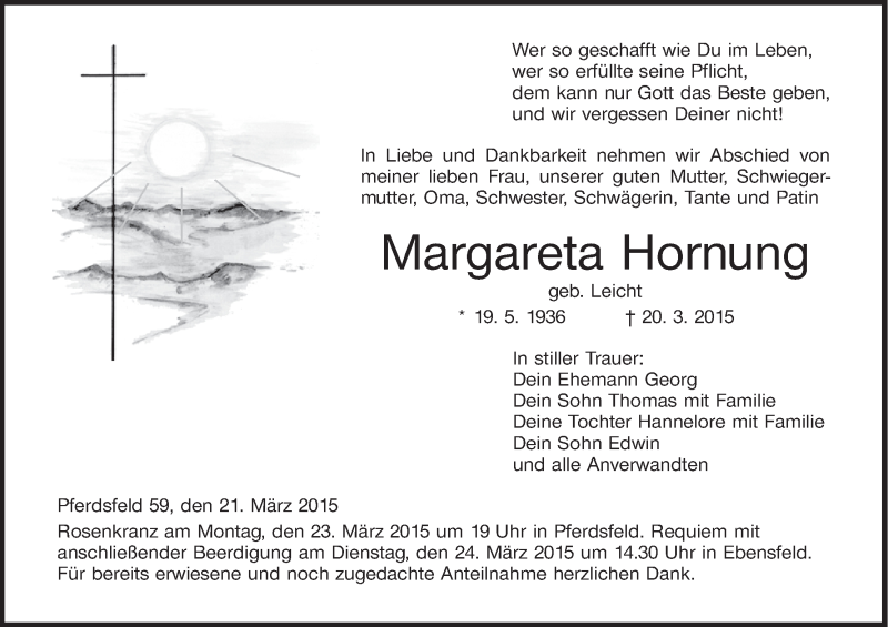  Traueranzeige für Margareta Hornung vom 21.03.2015 aus MGO