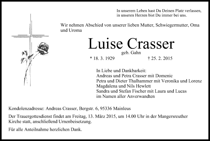 Traueranzeige für Luise Crasser vom 11.03.2015 aus MGO