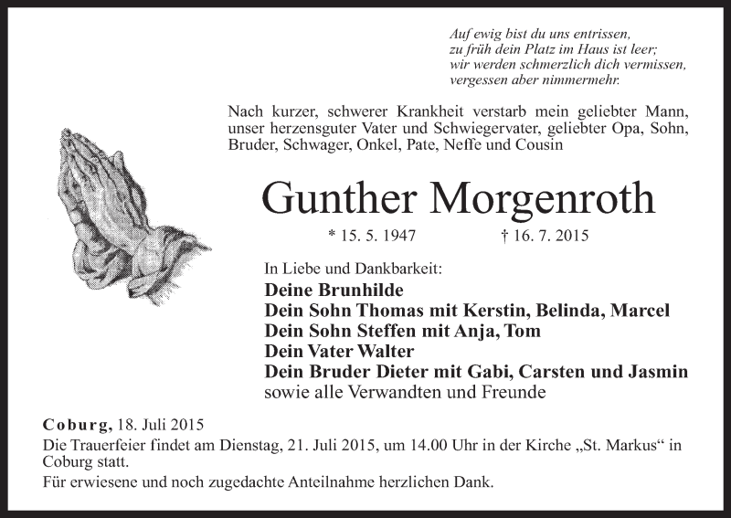  Traueranzeige für Gunther Morgenroth vom 18.07.2015 aus MGO