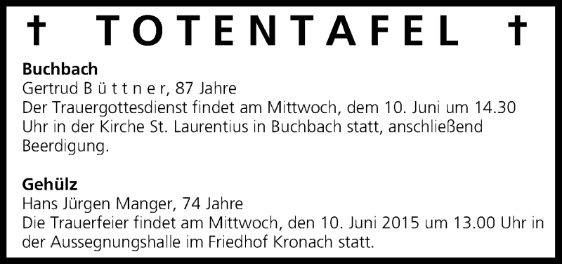  Traueranzeige für Totentafel vom 10.06.2015 vom 10.06.2015 aus MGO