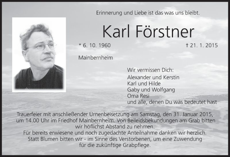  Traueranzeige für Karl Förstner vom 29.01.2015 aus MGO