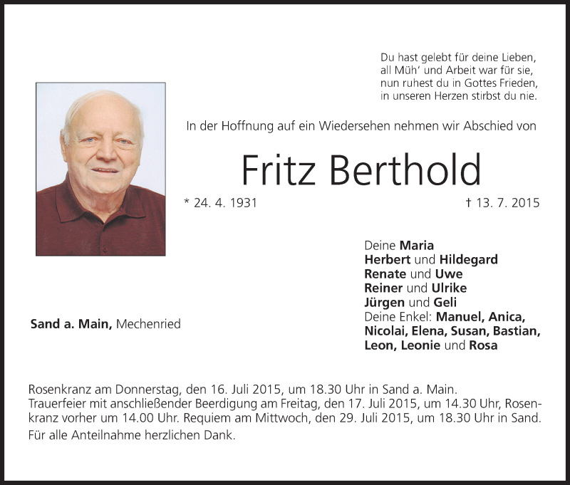  Traueranzeige für Fritz Berthold vom 15.07.2015 aus MGO