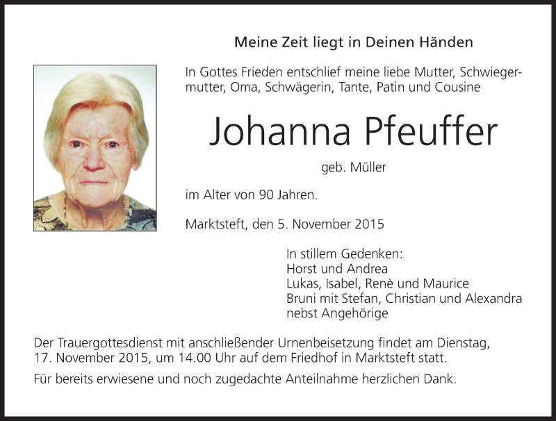  Traueranzeige für Johanna Pfeuffer vom 14.11.2015 aus MGO