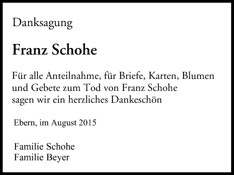  Traueranzeige für Franz Schohe vom 08.08.2015 aus MGO