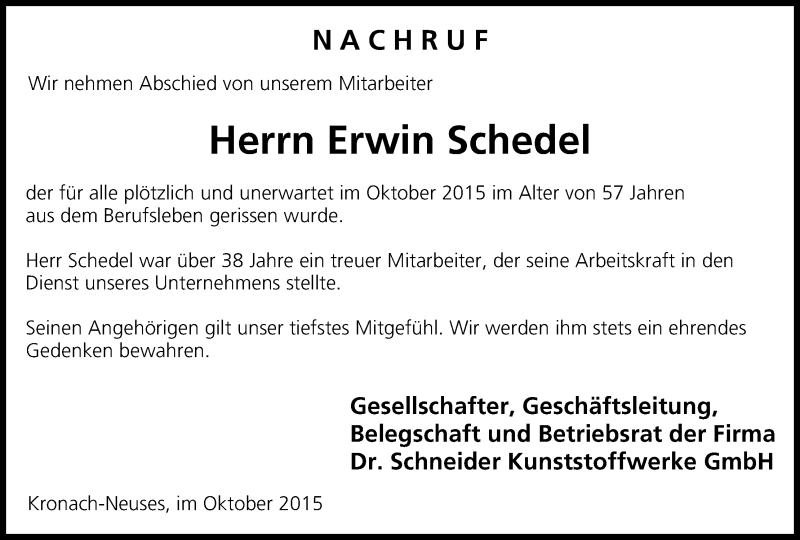 Traueranzeige für Erwin Schedel vom 22.10.2015 aus MGO