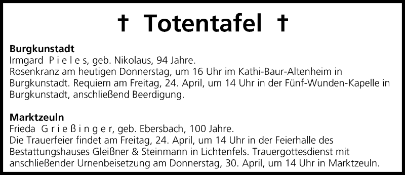  Traueranzeige für Totentafel vom 23.04.2015 vom 23.04.2015 aus MGO