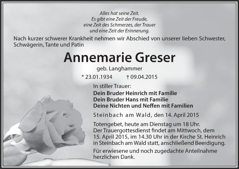  Traueranzeige für Annemarie Greser vom 14.04.2015 aus MGO
