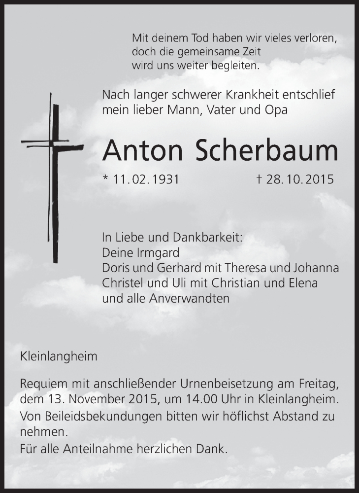  Traueranzeige für Anton Scherbaum vom 11.11.2015 aus MGO
