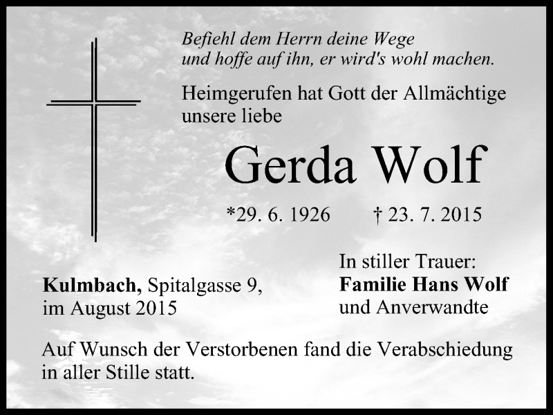  Traueranzeige für Gerda Wolf vom 08.08.2015 aus MGO