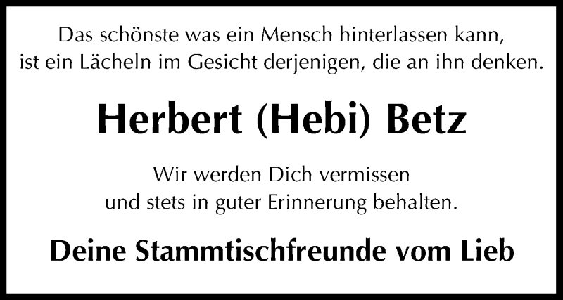  Traueranzeige für Herbert Betz vom 14.10.2015 aus MGO