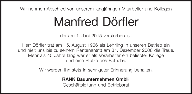  Traueranzeige für Manfred Dörfler vom 13.06.2015 aus MGO
