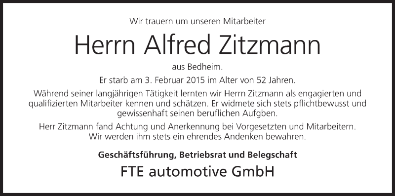  Traueranzeige für Alfred Zitzmann vom 13.02.2015 aus MGO