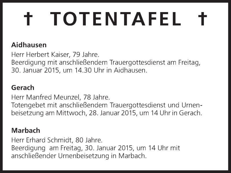  Traueranzeige für Totentafel vom 28.01.2015 vom 28.01.2015 aus MGO